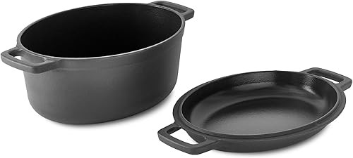 Zakarian by Dash - Horno holandés doble de hierro fundido antiadherente de 6 cuartos de galón, olla ovalada con tapa de sartén 2 en 1, color negro