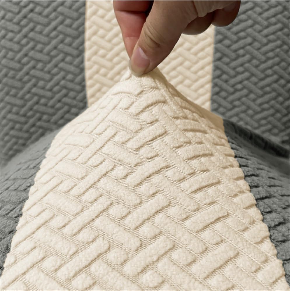 Striped Jacquard Stretch Dining Chair Cover with Arms 1/2/4 Piece, Soft Washable Anti-Slip Slipcover for Curved Back Wingback Accent Chairs, Protective Armchair Cover(Beige and Grey,4PCS)