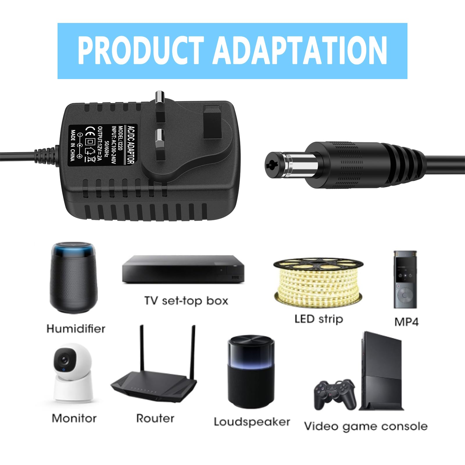 12V 2A Power Supply for LED Strip Lights, 100-240V AC to DC 12V Converter Adapter Driver Transformer, 24W UK Plug with 1.5M Cable, 5.5mm x 2.1mm Jack — view 2