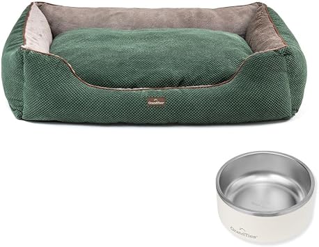 GRANDTIES Dog Bed + Stainless Steel Bowl Machine Washable Calming Dog Bed XL, Olive, Insulated Non-Skid Spill-Proof Dog Bowl 64oz, Ivory White, BPA-Free and Durable for Dogs & Cats