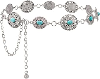 Western Chain Belts for Women Cowgirl Turquoise Chain Belt Concho Country Belt for Dresses Jeans Concert Outfit