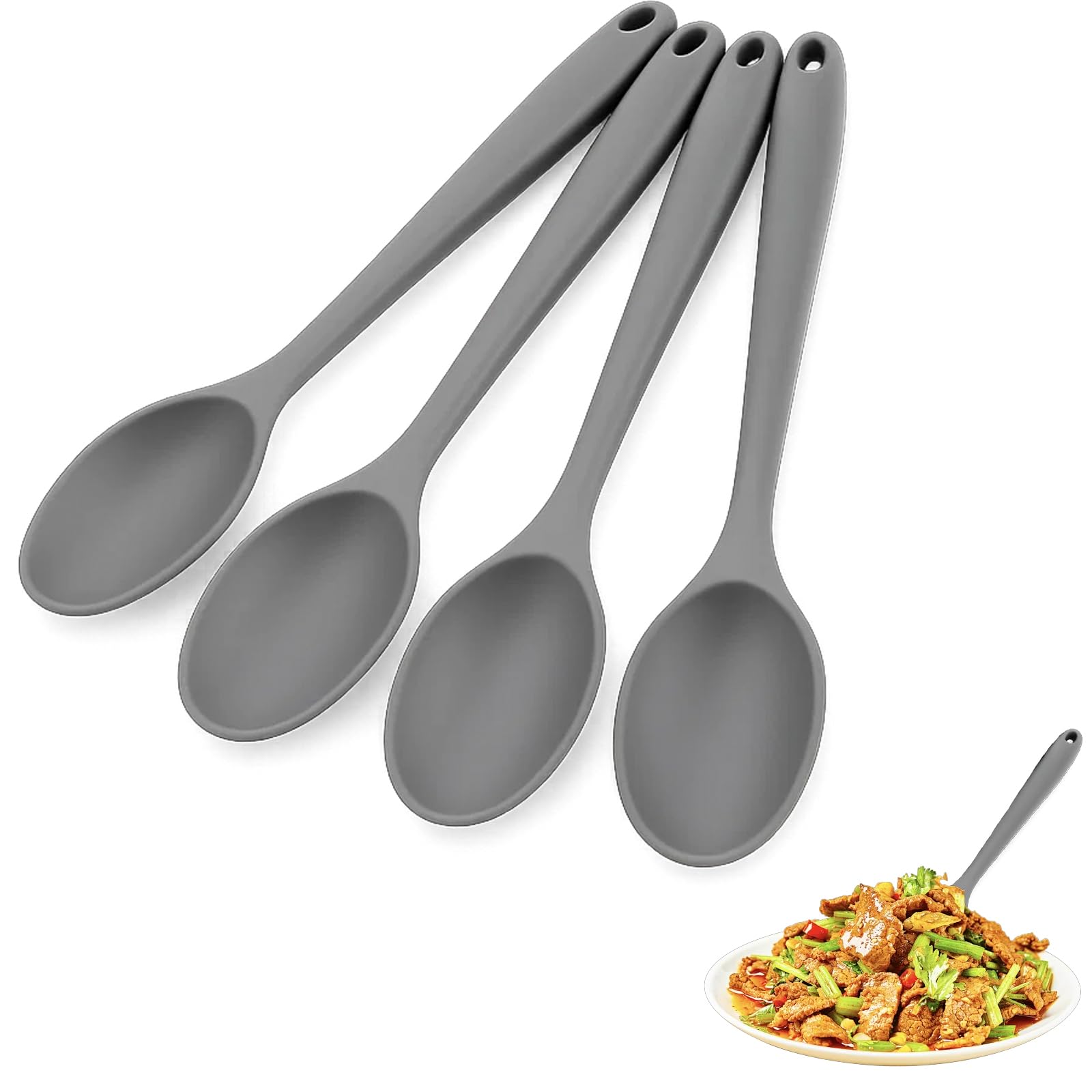 4 Pack Silicone Spoons for Cooking, Grey Serving Spoons Large, Heat Resistant Nonstick Cooking Spoon for Mixing Stirring Frying Baking, Kitchen Essential Tools