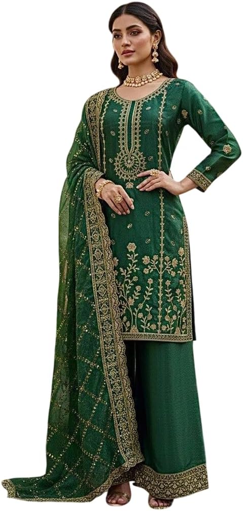 Women's pure gmy silk With heavy embroidery Kurta With Sharara and Dupatta Set.
