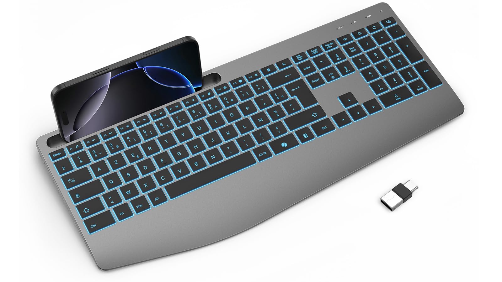 TECURS Teclado francés AZERTY inalámbrico ergonómico con reposamuñecas, 2,4 G inalámbrico Teclado silencioso Recargable, retroiluminado, Teclado para Ordenador para Windows