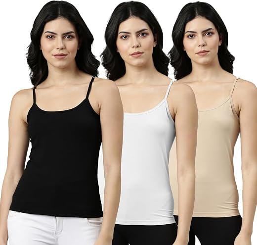 Rupa Jon Premium Regular Fit Camisole for Women, Stretable Cotton Fabric with Adjustable Straps. Pack of 3