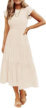 ZESICA Women's 2023 Summer Casual Flutter Short Sleeve Crew Neck Smocked Elastic Waist Tiered Midi Dress