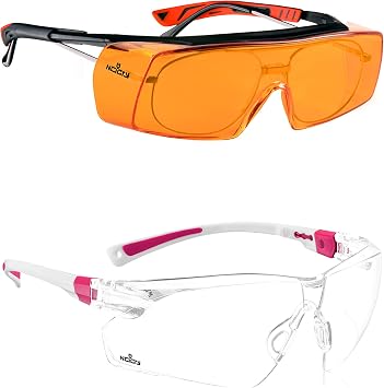 NoCry Blue Light Blocking Over Glasses Safety Glasses with Orange Anti-Fog Scratch Resistant Lenses; ANSI Z87.1 & Safety Glasses with Clear Anti Fog Scratch Resistant, UV Protection, White & Pink