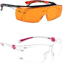 NoCry Blue Light Blocking Over Glasses Safety Glasses with Orange Anti-Fog Scratch Resistant Lenses; ANSI Z87.1 & Safety Glasses with Clear Anti Fog Scratch Resistant, UV Protection, White & Pink