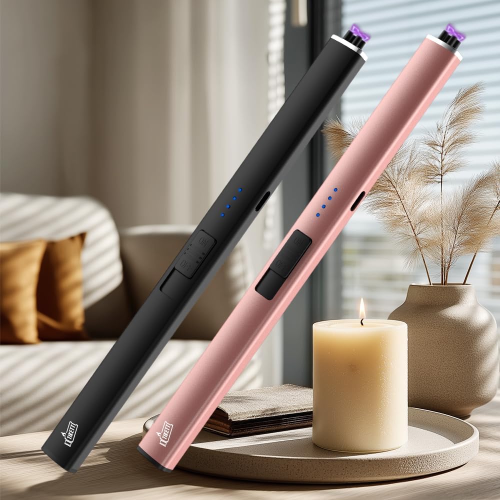 2 PCS Pack Candle Lighter with Dual Arc,Type-C USB Rechargeable Flameless Windproof Long Electric Lighter for Candles, Grill, Camping and BBQ (Black & Rose Gold)