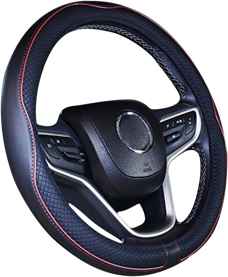 Microfiber Leather Car Steering Wheel Cover Universal 15 inch/38cm Breathable Anti-slip Protector for Auto/SUV (Wine Red,14.5-15")
