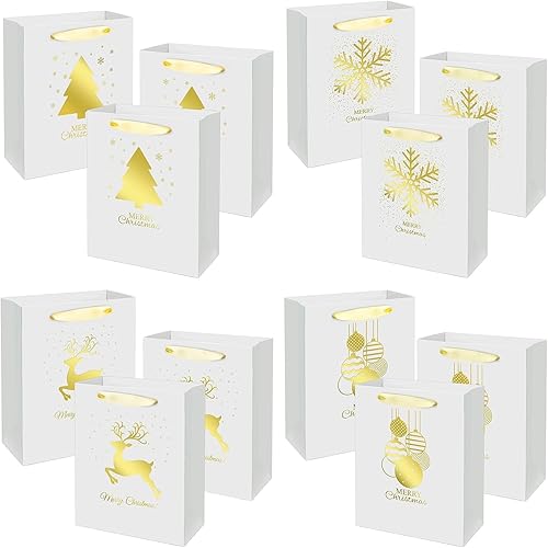 Miniatura 3 de 12 bolsas de regalo doradas de papel de aluminio de Navidad, 4 diseños, perfectas para Navidad, Acción de Gracias, Año Nuevo, impresiones blancas de