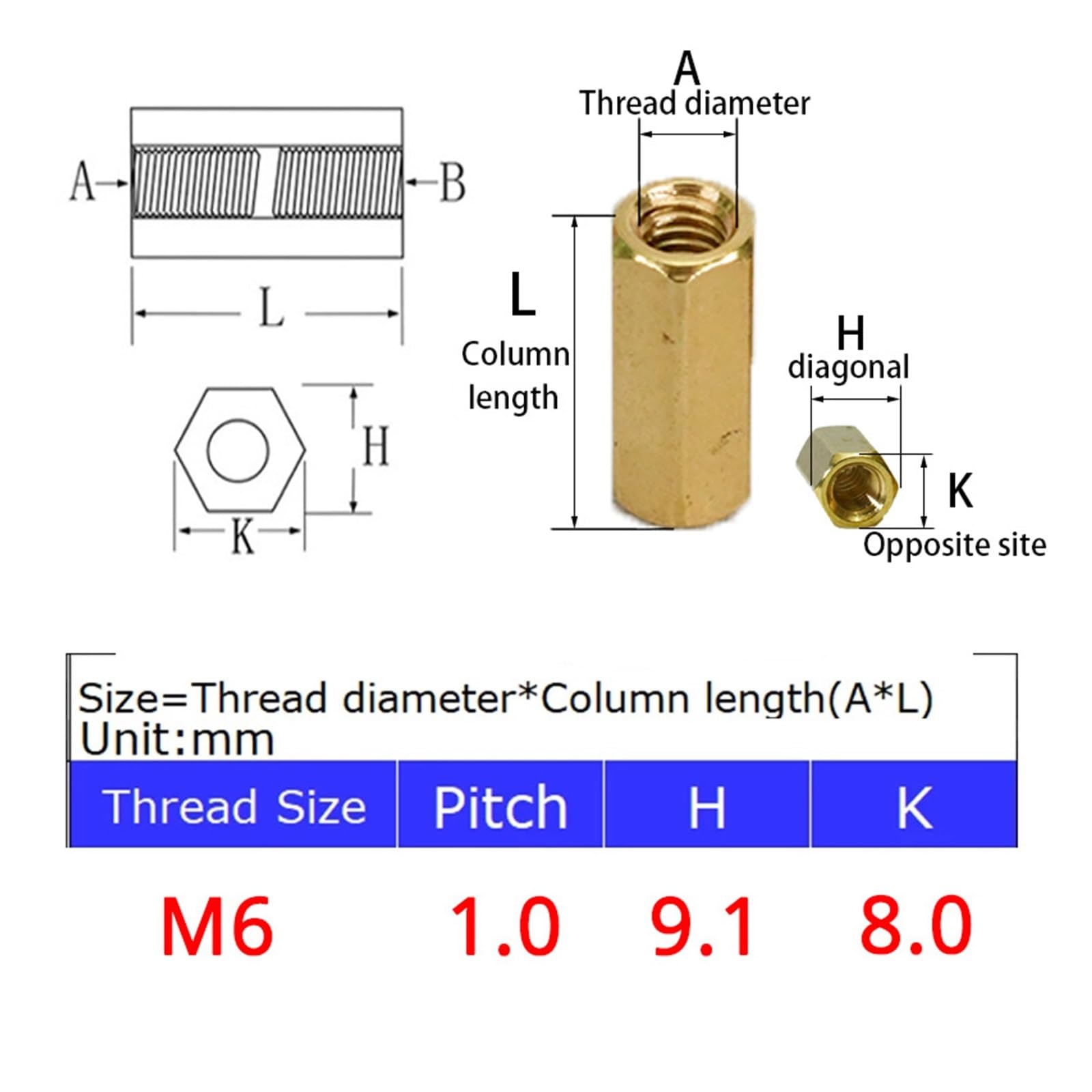 Columna de cobre Hexagonal de un solo cabezal, tuerca Hexagonal M6, pilar de separación MFF macho-hembra, espaciador hembra, placa base PCB (Color : Brass, Size : M6x35 thread8 15pcs)