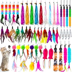 50 Pcs Cat Feather Toys Refill Cat Wand Replacement Feathers with Bells Interactive Pet Wand Attachment Toys