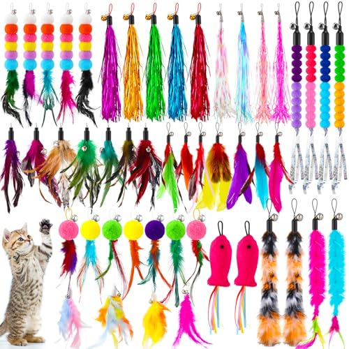 Cosblank 50 Pcs Cat Feather Toys Refill Cat Wand Replacement Feathers with Bells Interactive Pet Wand Attachment Toys