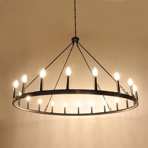 Miniatura 10 de Candelabro de rueda de carro de 20 pulgadas, 6 luces rústicas de granja, lámpara de metal de madera sintética negra, lámpara de comedor, candelabros