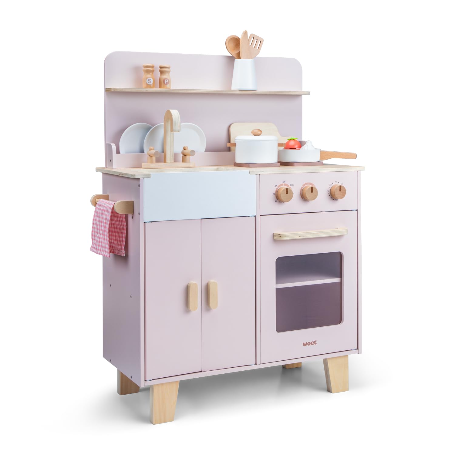 Woet® Cocina de Juguevo en Madera Beige para Niños - con Horno, Fregadero y Accesorios - Set de Cocina de Imitación - A Partir de 3 Años (Rosa)