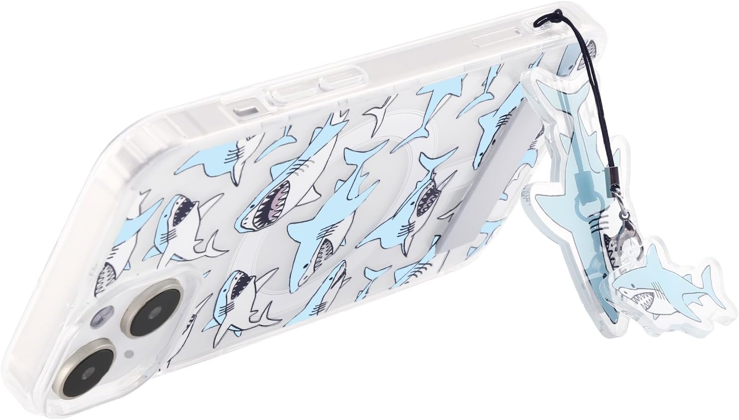 Blue Cool Shark Magnetic Phone Case for iPhone 15 Pro Max with A Phone Charm and Phone Stand,Compatible with MagSafe Accessories,Clear Slim Thin Shockproof Protective Phone Case Cover image 2