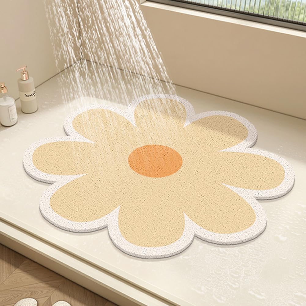 Shower Mat Flower Bath Mat for Inside Shower,PVC Loofah Bathroom Floor Mat,Non-Slip Bathmat Anti Mould Shower Mat with Drain,Quick Drying (Yellow,50x50cm)