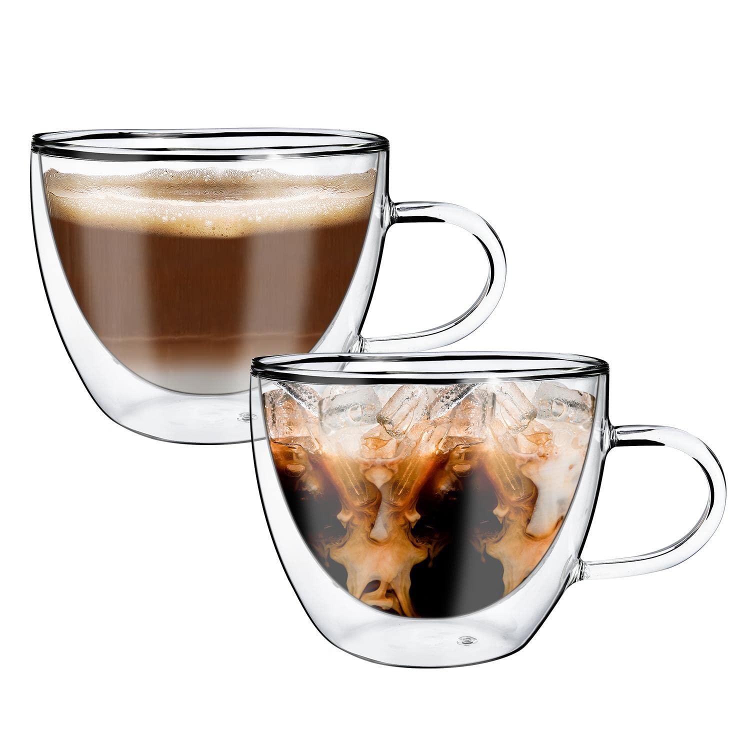 Vaso Double Walled Coffee Drink Glasses Tea Cup Mug 290ml Set of 2 Heat Cold Resistant Aesthetic Clear Borosilicate Glass with Handle Cappuccino Latte Tea Dessert Hot and Cold Drinks