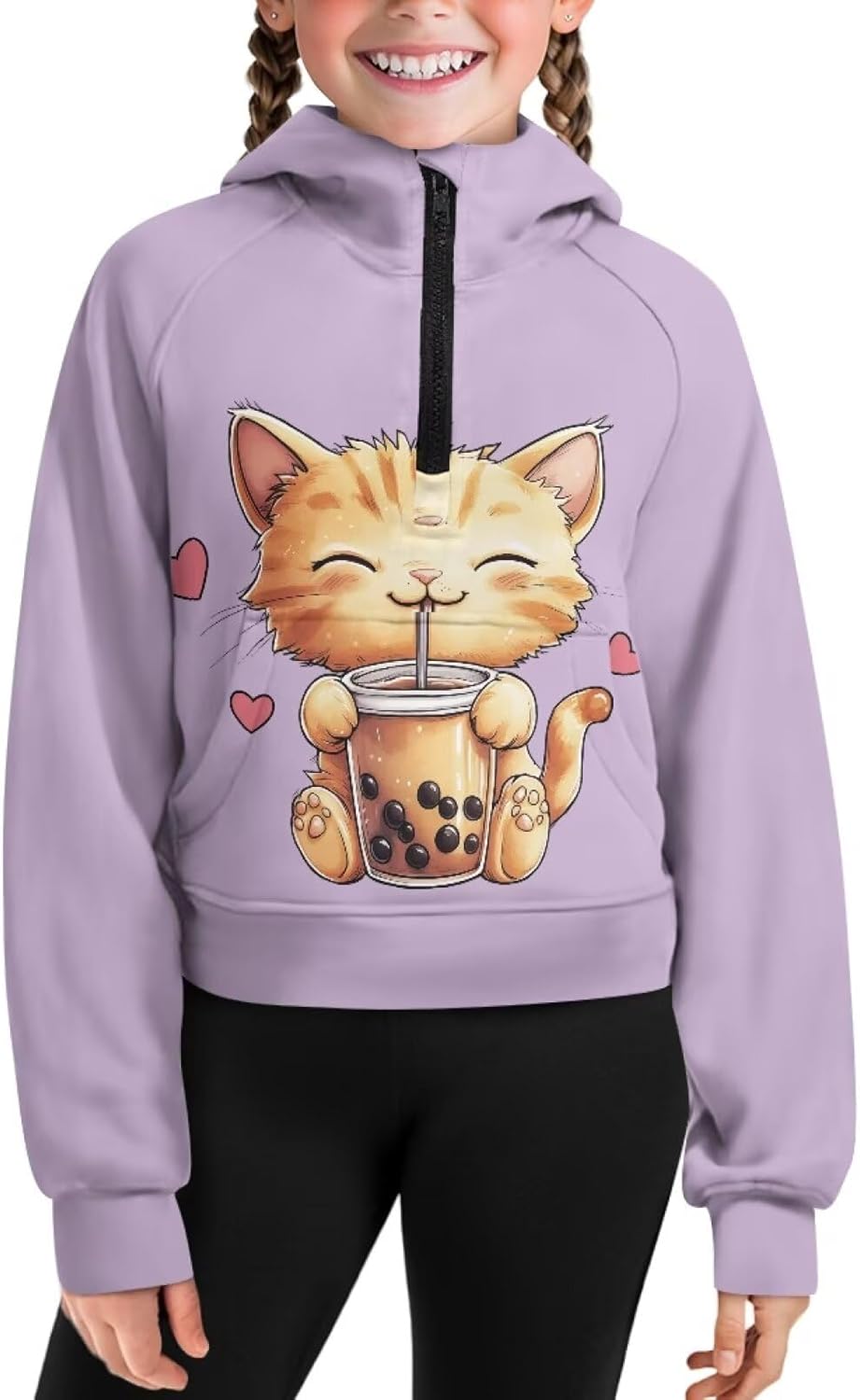 Girls Sweatshirts Size 11-12 Half Zip Collar Cat Sweatshirt Long Sleeve Pullover Top with Pocket Warm Hoodies Oversize Fall Winter Preppy Fashion Athletic Clothes