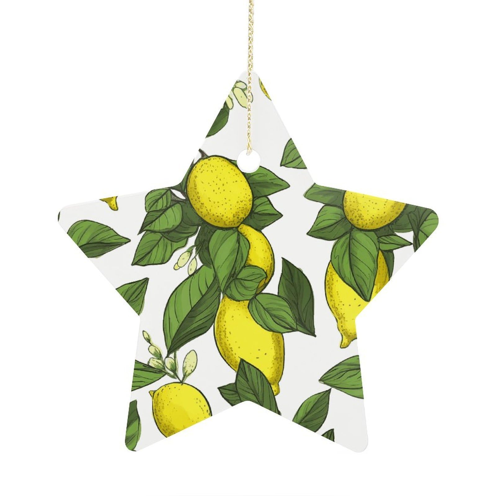 Yellow Fresh Lemons Stars Ornaments Ceramic Christmas Tree Hanging Light in Weight Christmas Star Pendants Funny Double-Sided Printed Xmas Ornaments for Gifts
