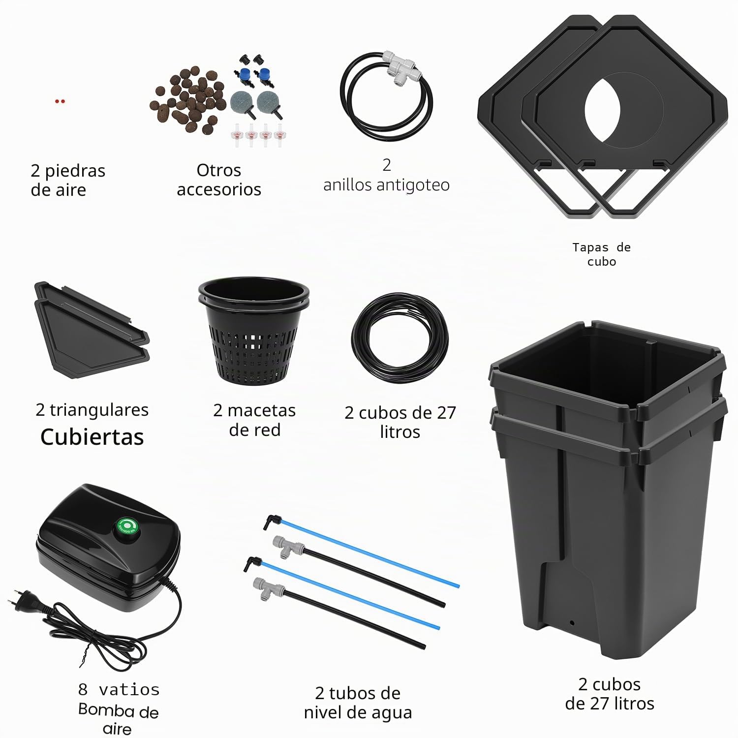 QWORK® DWC Sistema de Cultivo hidropónico, Cultivo en Aguas Profundas de 27 litros, Sistema hidropónico, con Kit de Goteo para Maceta, Bomba de Aire de 8W, 2 Cubos