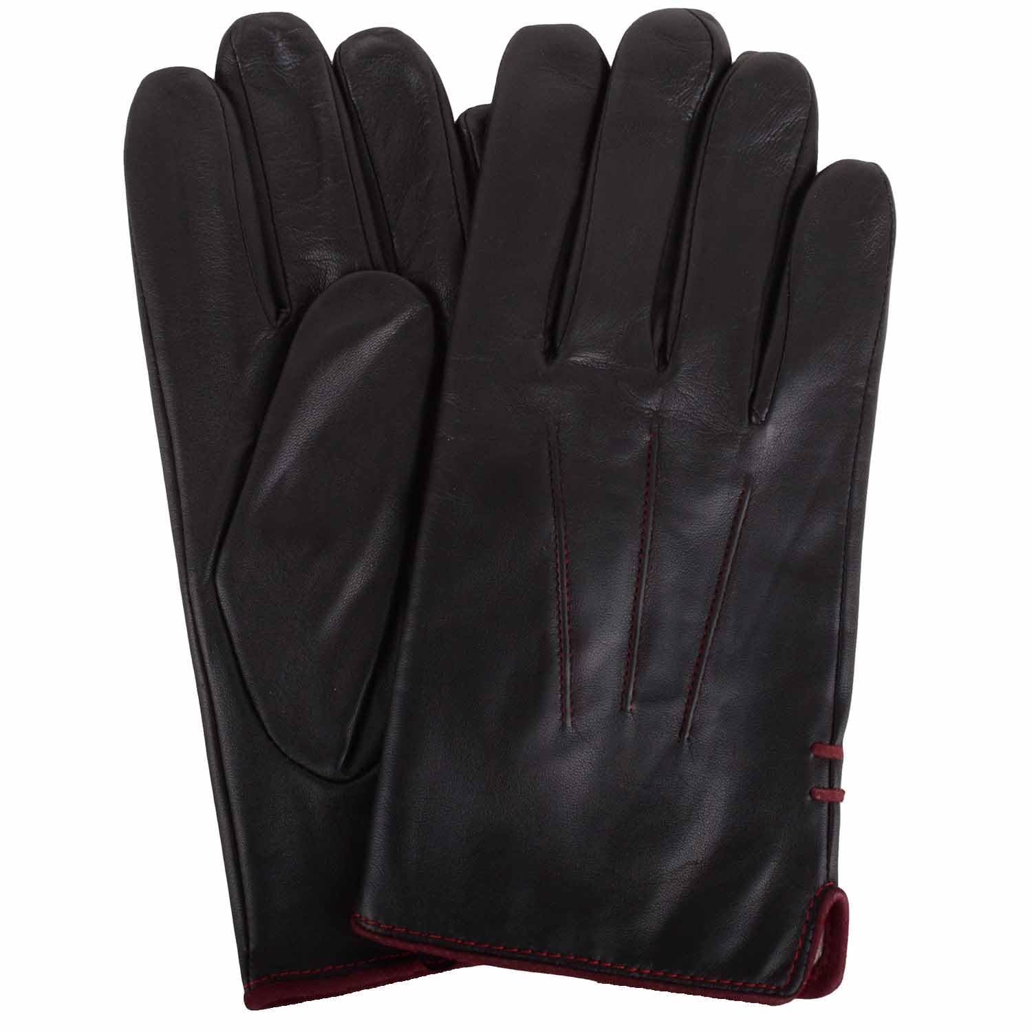 Snugrugs Women's Black/Burgundy Mens Genuine Leather Gloves, Classic Three Point Stitch, Contrast Piping Trim, Small
