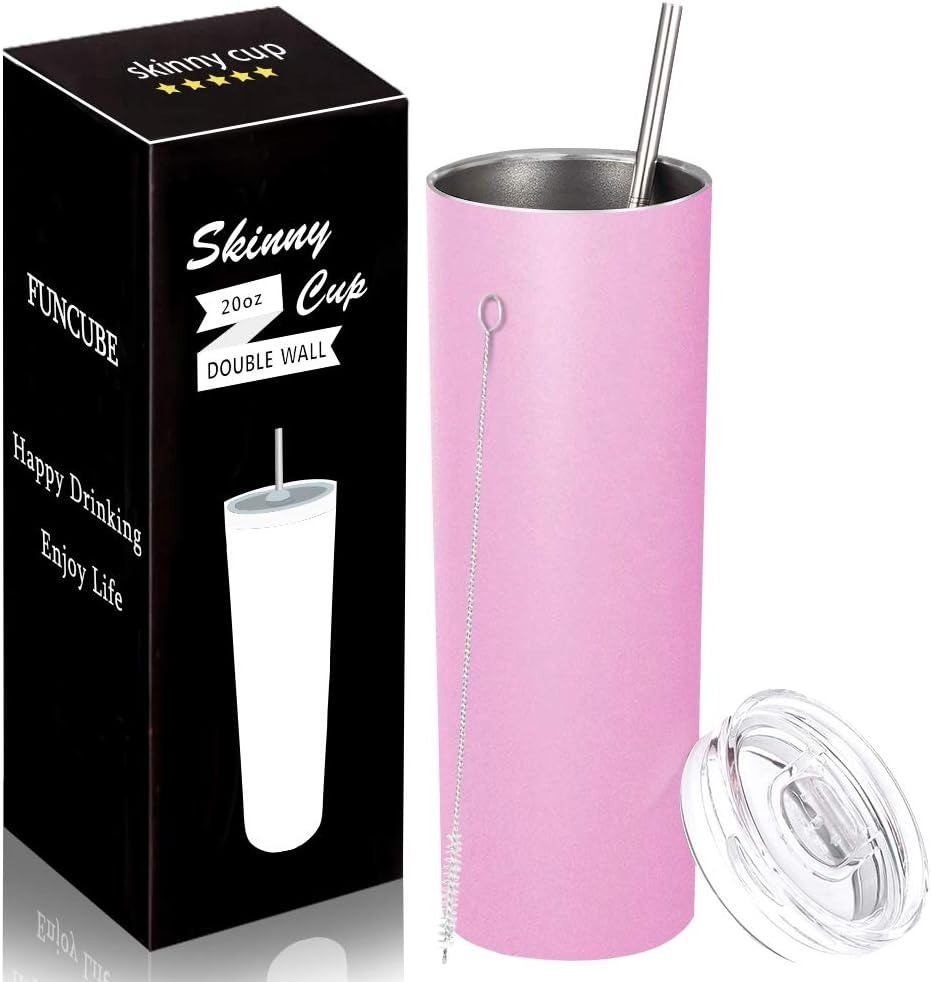 Stainless Steel Skinny Insulated Tumbler with Lid and Straw, 20 OZ Double Vacuum Slim Tumbler Cup, Outdoor Unbreakable Travel Mug for Hot or Cold Drinks with Cleaning Brush (Pink - 20 oz)