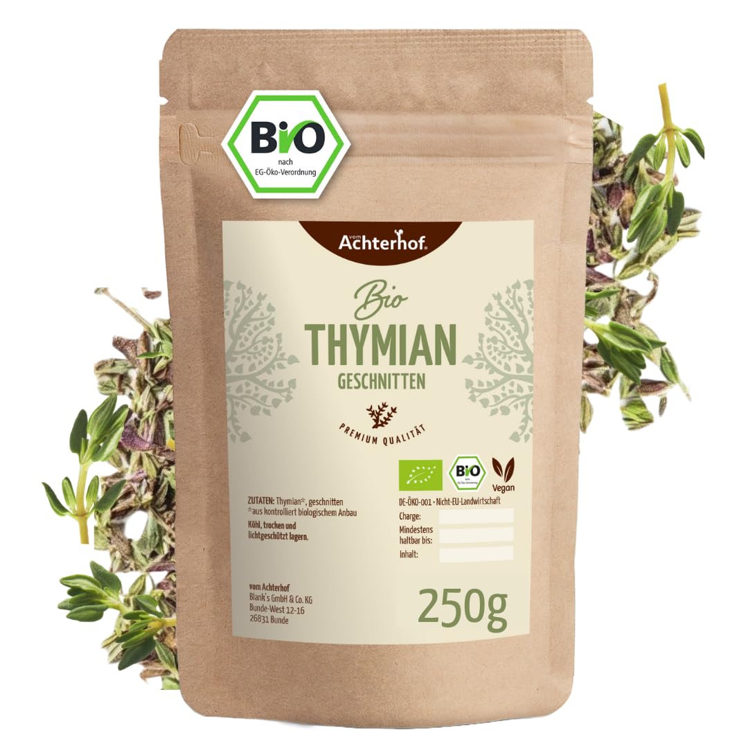 Thymian geschnitten Bio 250g | fein geschnittener Thymian in Bio-Qualität | für die mediterrane Küche | kräftig herzhaftes, feines Aroma | Achterhof