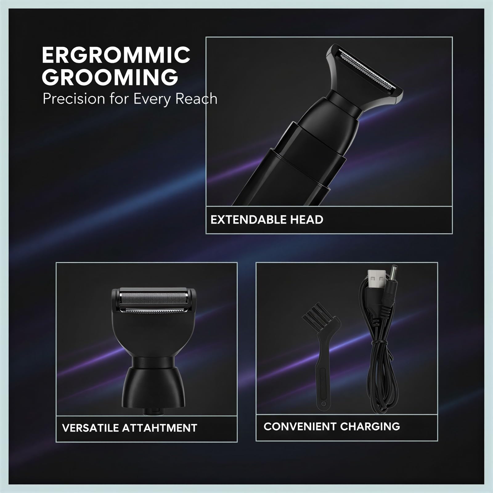 Rasoio elettrico per capelli da uomo, testa larga con rete antigraffio, ricaricabile tramite USB, design pieghevole con manico lungo, potenza 6500 giri/min, nero