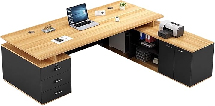 L-Shaped Executive Desks,Computer Desk with Storage,Study Writing Table for Home Office with 3 Drawers & Cabinet, Raised Privacy Panel,with Cable Management Left Hand Return,Bbrown,200cm