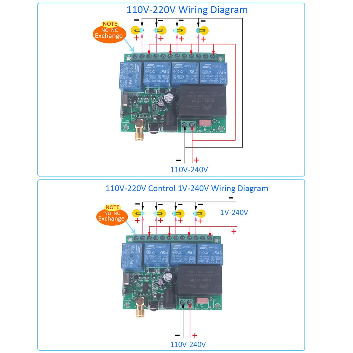 Interrupteur d’éclairage sans fil 220V 4CH sans câblage Apprendre le code Interrupteurs de relais de télécommande 85V-250V 220V 110V pour porte de garage légère (2 * Télécommande)