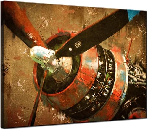sechars - Arte de pared de avión, diseño vintage de hélice de avión, pintura de motor de avión, impresión sobre lienzo enmarcado rústico, hogar,