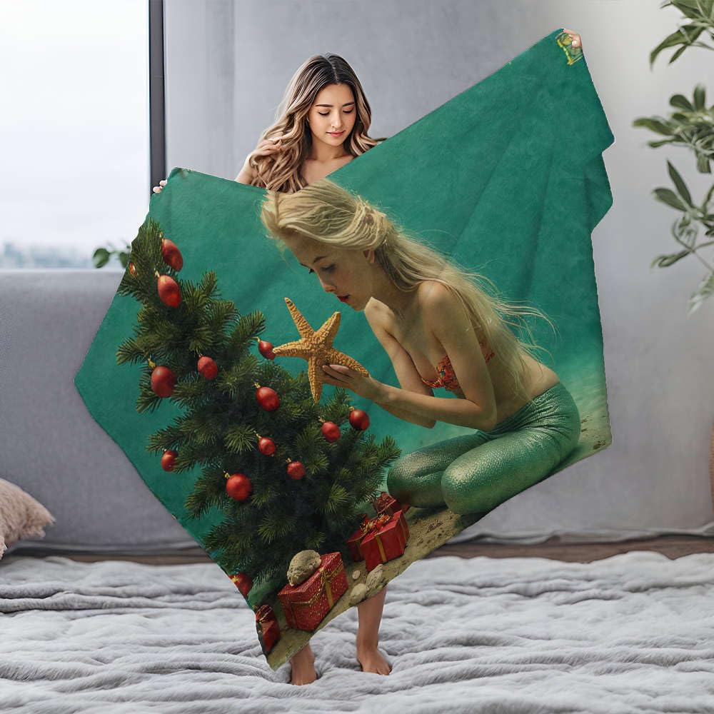 Narzuta wielkanocna Syrenka trzymająca rozgwiazdę pod wodą w pobliżu choinki. koc flanelowy koc na łóżko ciepły koc (150 x 200 cm)