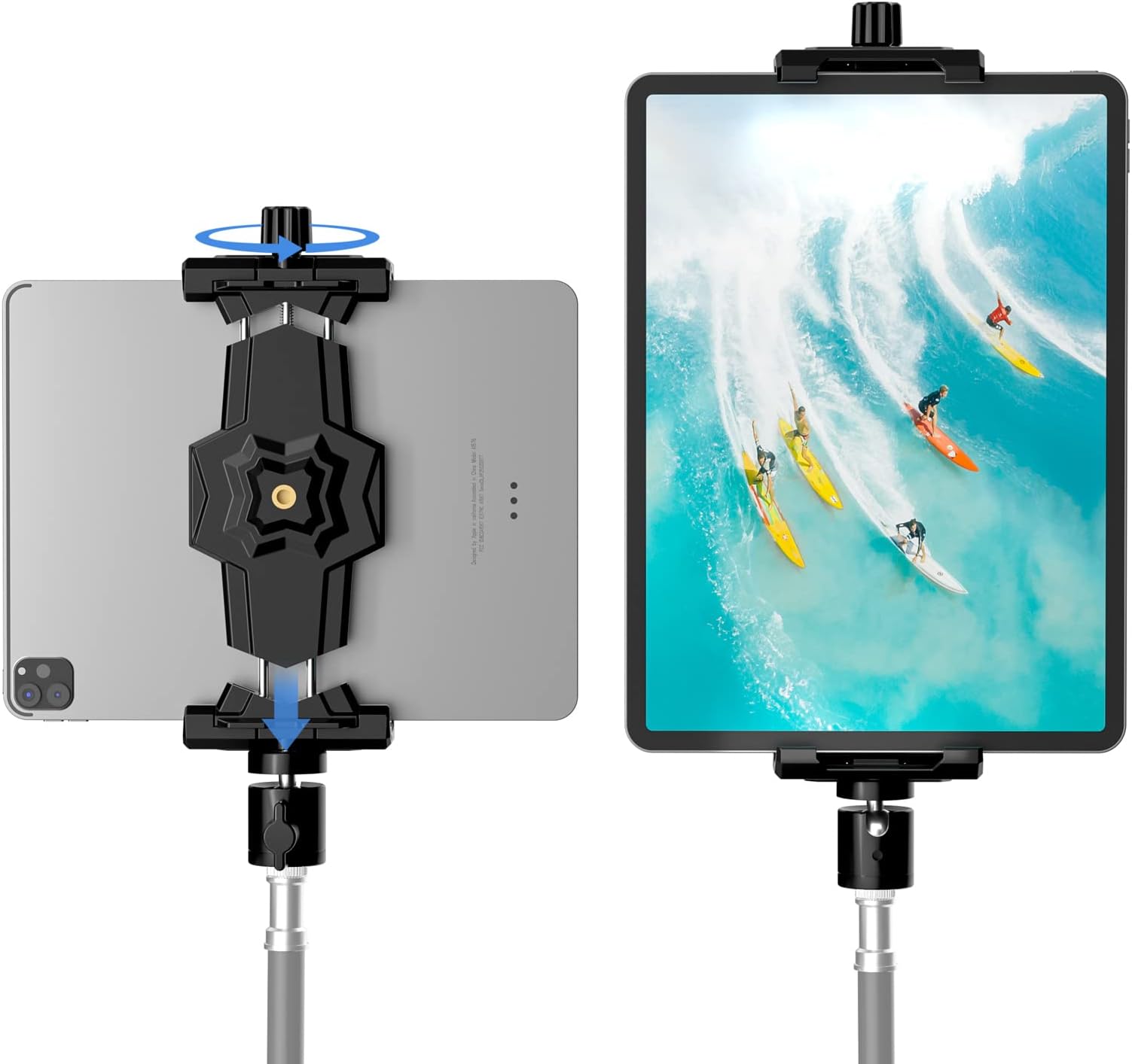 iPad and Phone Tripod Mount Adapter with Ball Head, iPad Holder for Tripod, 360 Rotatable Tablet Clamp Mount fits iPad Pro 12.9, iPad Air Mini 3 4, Galaxy Tab, Surface Pro 8, Selfie Stick(5.3-10.6")