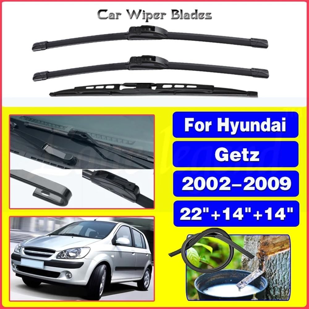 Auto wiper 3PCS Wiper Front & Rear Wiper Blades Set Kit Compatible with Hyundai Getz 2002-2009 Windshield Windscreen Window Brushes 22"+14"+14" - Wiper replacement