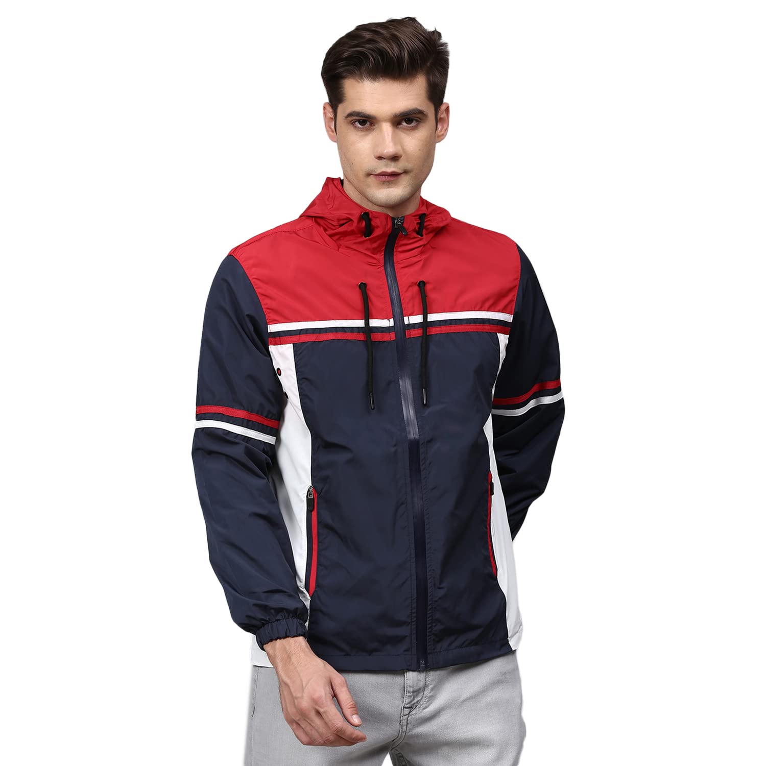 Men's Black & Grey Zip-Front Jacket with Open-Angled Pocket for Casual Wear | Low-High Neck | Long Sleeve | Zipper Closure | Cotton Jacket Crafted with Comfort Fit for Everyday Wear