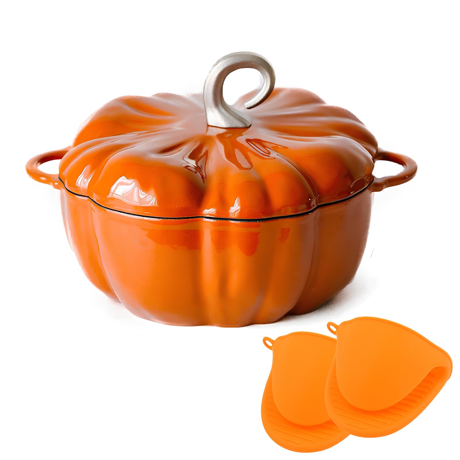 DYHQQ Enameled Cast Iron Dutch Oven Non-Stick Stew Pot Soup Pot Pumpkin Cast Iron Dutch Oven with Heat Resistant Mitts Enameled Cast Iron Rice Pot for Braiser Soup Meat