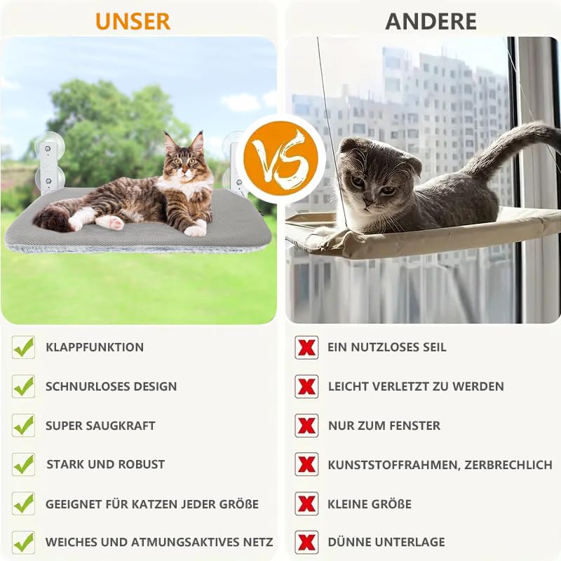 Fellie Faltbare Katzen-Hängematte Fürs Fenster – 52x30 Cm, Waschbar, Grau & Wendbar Für Sommer/Winter