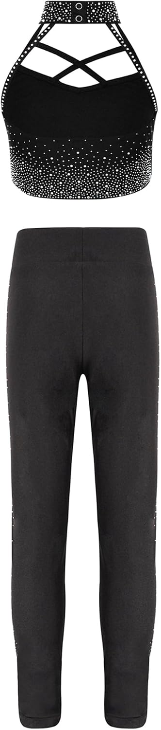 TiaoBug Kids Girls Figure Skating Yoga Workout Outfit Rhinestone Crop Tank Top And Leggings Gym Dance Wear Black 8 Years