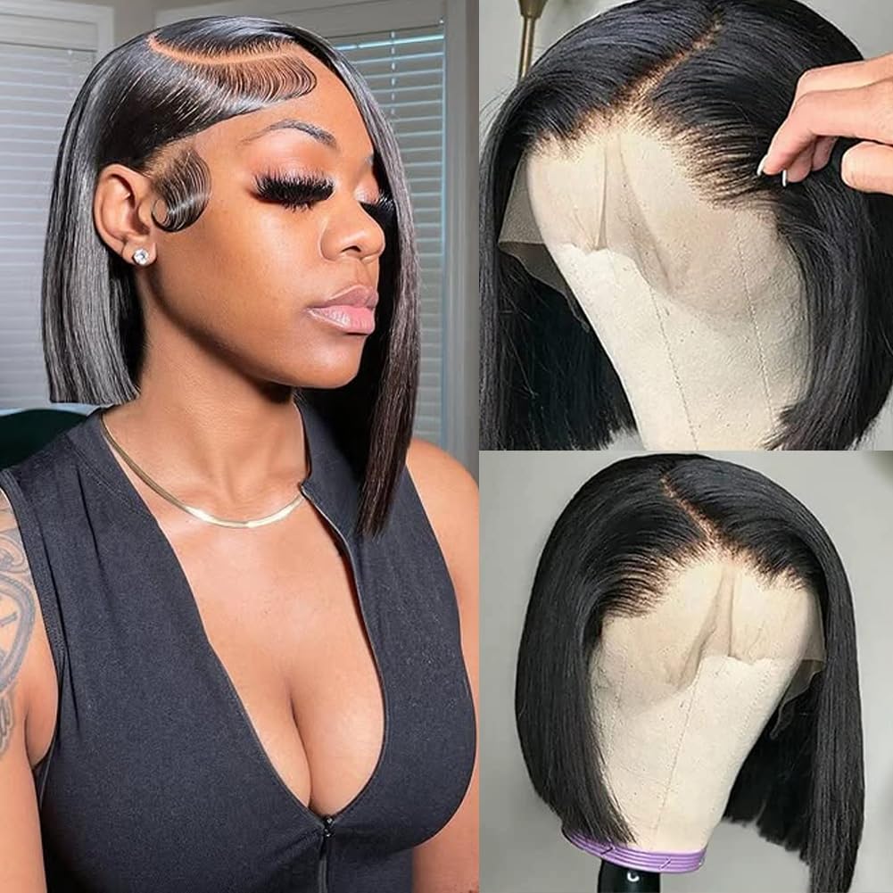 13x4 Lace Front Straight Short Bob Wigs Human Hair 150% Density Brazilian Virgin Straight Bob Wigs for Black Women Glueless Human Hair Bob Wigs Pre Plucked with Baby Hair Natural Color 16 Inch
