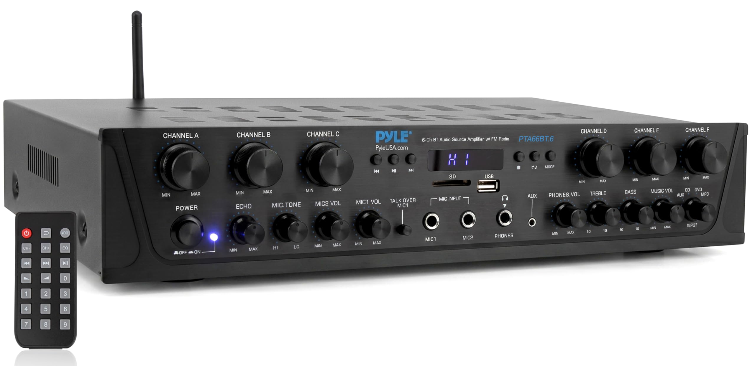 Pyle Wireless Home Audio Amplifier System - Bluetooth Compatible 6 Channel Stereo Receiver, 600W Max Power, Simple Karaoke with Dual Mic Inputs with Tone Control, PA with Talk Over - PTA66BT.6