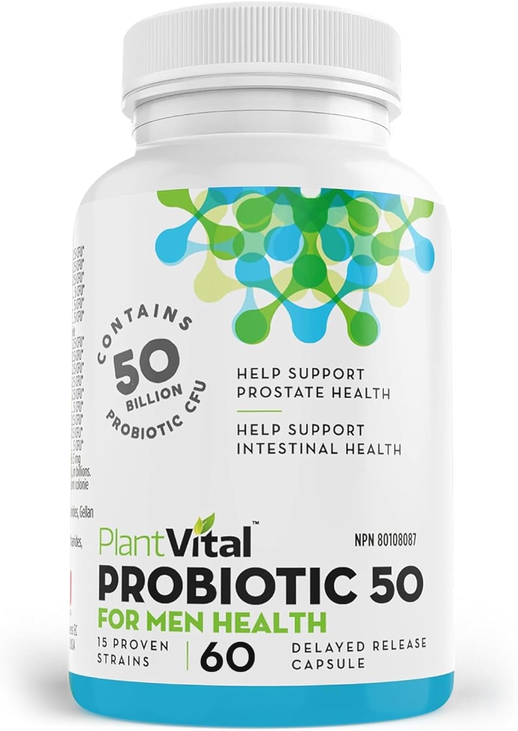 PlantVital Probiotic Supplement for Men - Made in Canada - 50 Billion CFUs, 15 Strains Probiotics for Men - Supports Prostate, Digestive, and Gut Health - 2 Month Supply, 60 Capsules