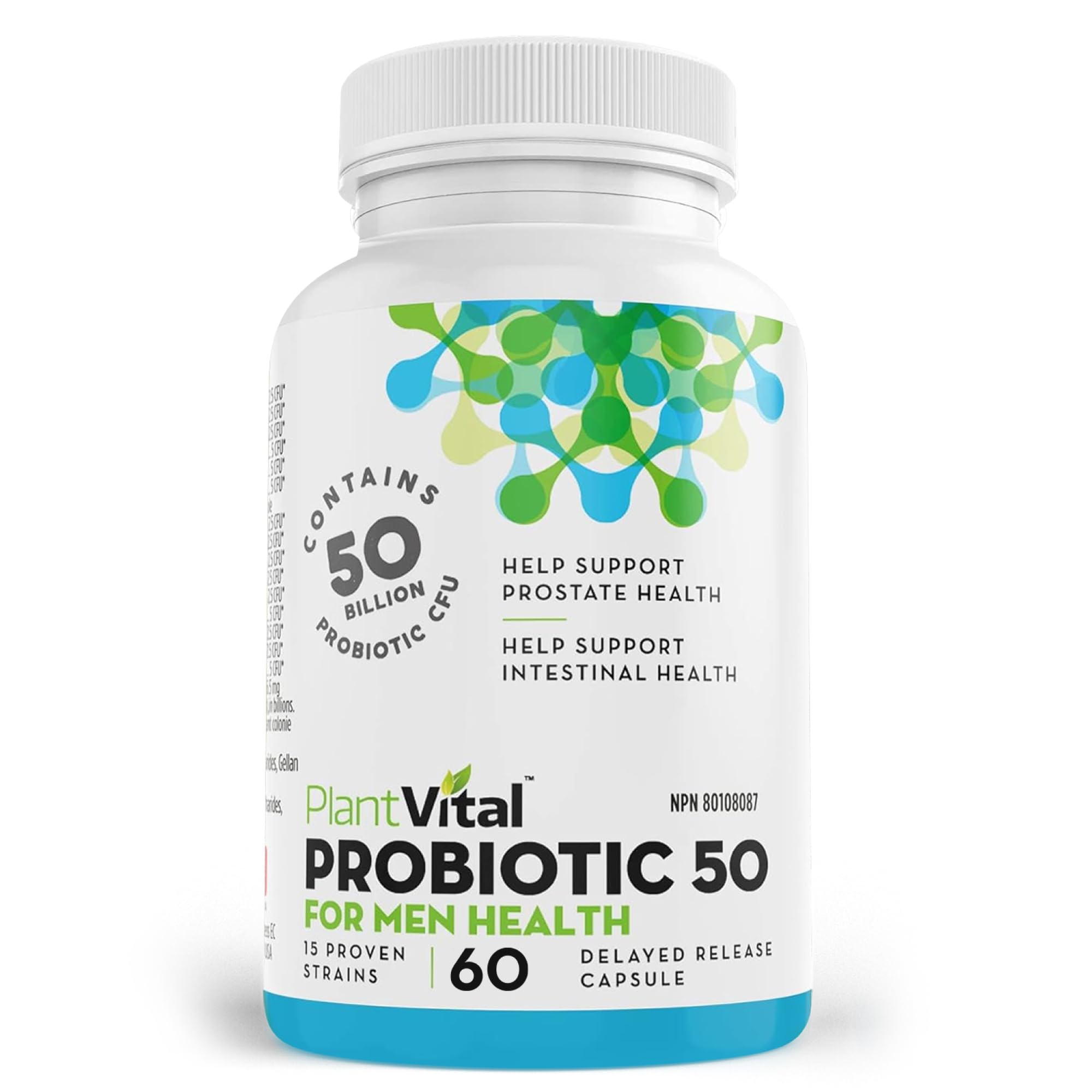PlantVital Probiotic Supplement for Men - Made in Canada - 50 Billion CFUs, 15 Strains Probiotics for Men - Supports Prostate, Digestive, and Gut Health - 2 Month Supply, 60 Capsules