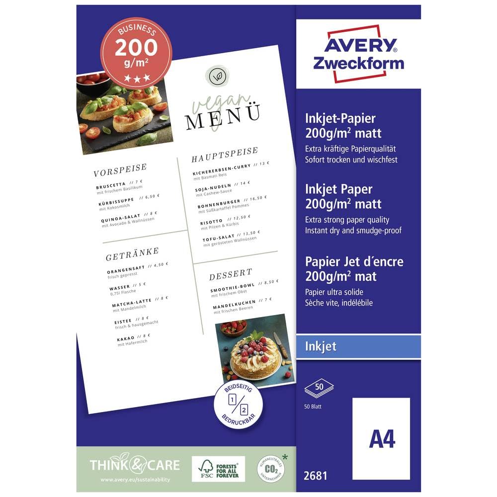 Avery Zweckform Art. 2681 Business Inkjet Papier (50 Blatt, 200 g/m², A4, mattes Druckerpapier, beidseitig beschichtet & bedruckbar, sofort trocken & wischfest, Flyerpapier für Inkjet-Drucker) weiß