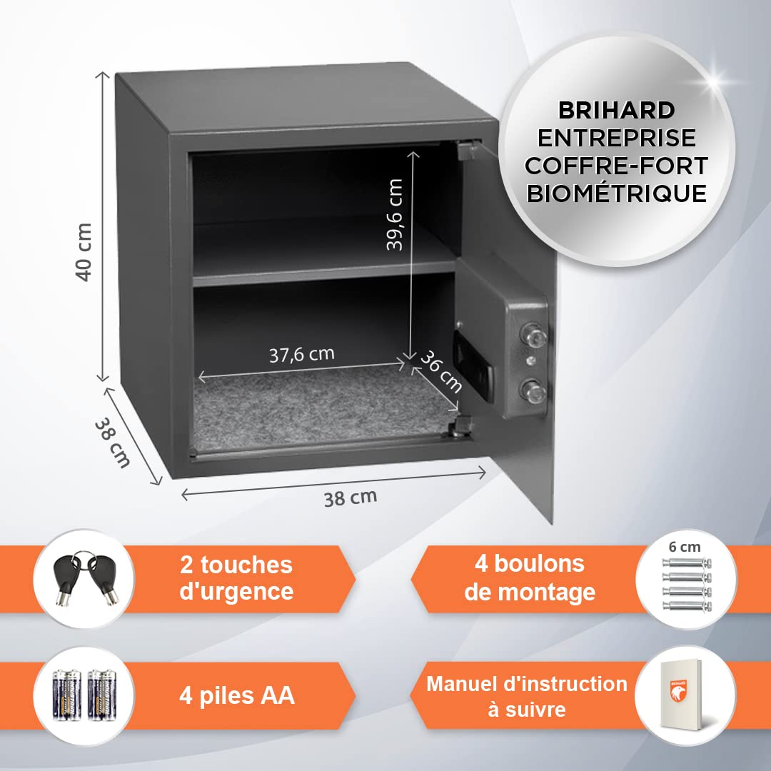 Coffre-fort biométrique - Clavier numérique 2 en 1 et coffre-fort anti-empreintes digitales - Grand coffre-fort 40 x 38 x 38 cm pour le bureau - Coffre-fort de sécurité anti-chocs