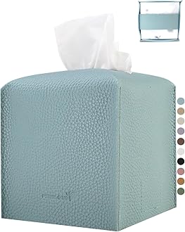 Tissue Box Cover 5X5X5'' PU Leather Tissue Holder Square Tissue Cube Box Organizer for Bathroom Vanity Countertop, Car, Night Stands, Office, Home, Kitchen (1Pack, Light Blue)