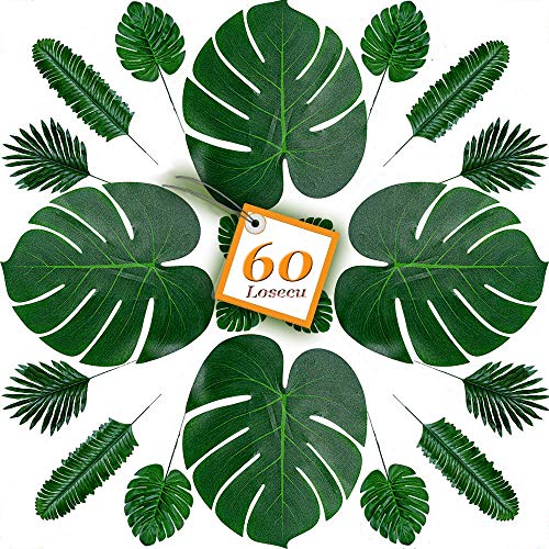 AWEHIRU Losecu Artificial Palm Leaves, 60 Pcs 6 Kinds, Faux Monstera Leaves Stems Tropical Plant Simulation Safari Leaves for Hawaiian Luau Party Jungle Beach Theme Party Table Leave Decorations