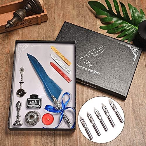 XIANGL Luxury Calligraphy Feather Dip Pen Writing Ink Set Stationery Gift Box with Nib Wedding Quill Pen Metal Fountain Pen Set (Color : E blue, Size : Free)