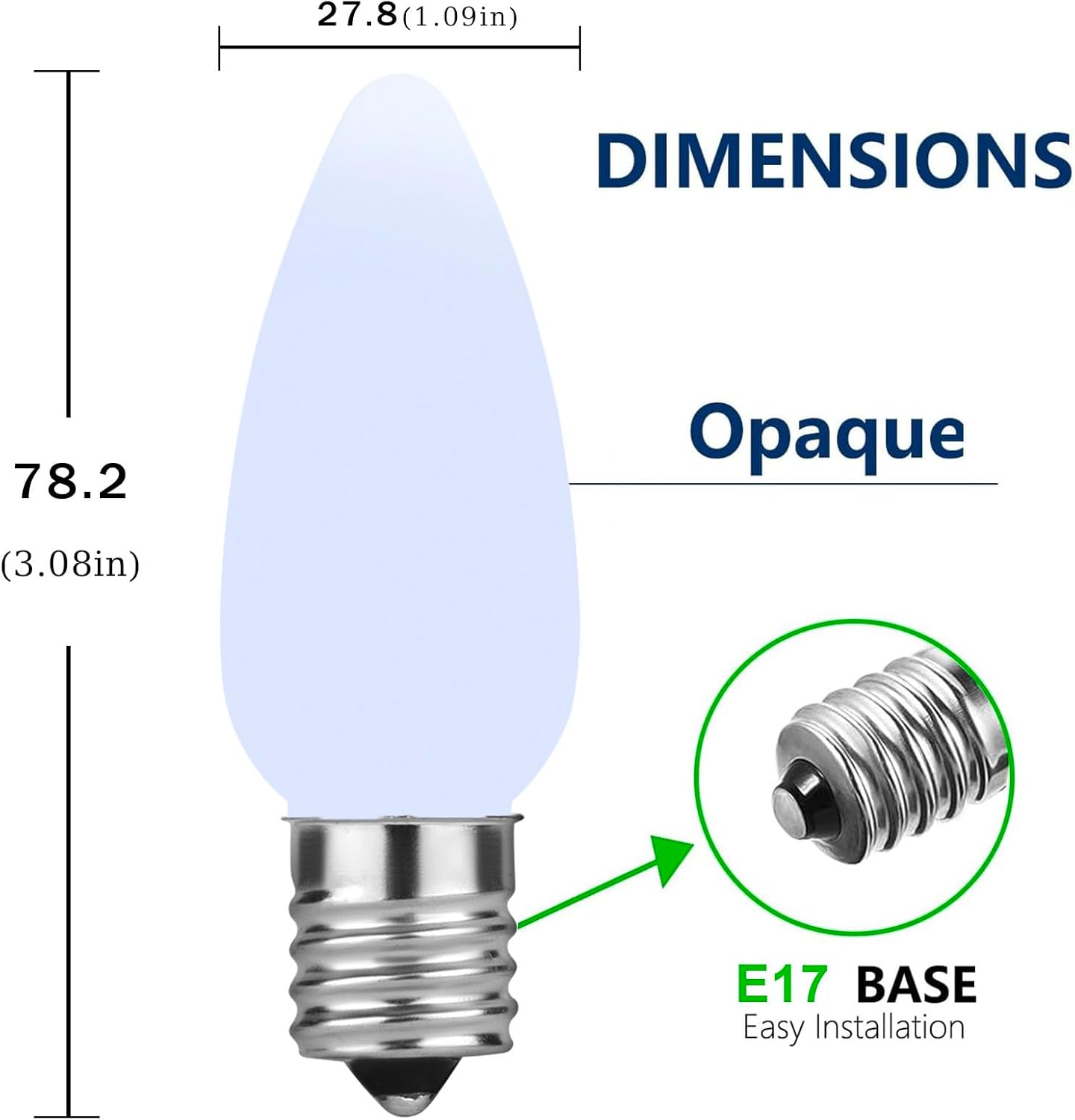 25 Pack C9 LED Bulb Christmas Replacement Lights，Dimmable Christmas Lights Bulbs, Smooth SMD LED Light Christmas Bulbs Replacement, Shatterproof LED Light Bulbs, E17 Base, Cool White